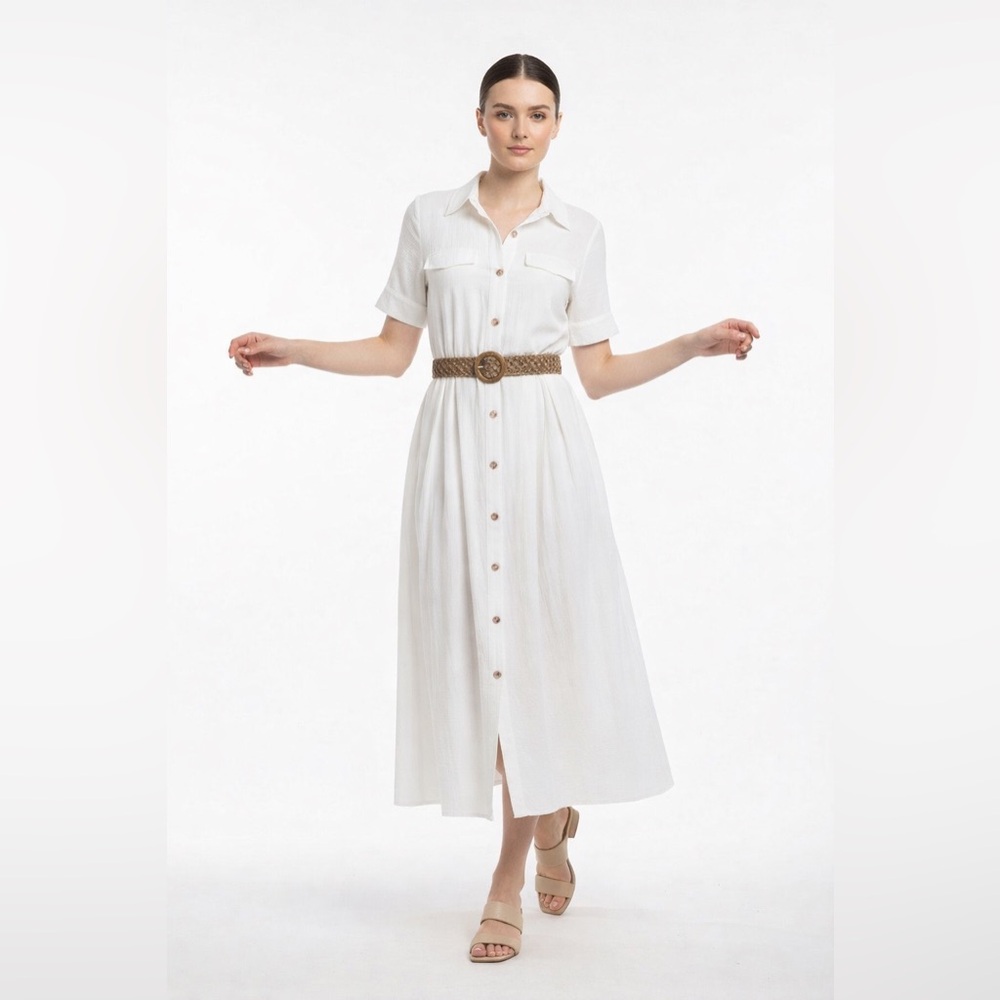 MA08. White Button-Down Midi Dress with Belt | Chic Classic Summer Dress